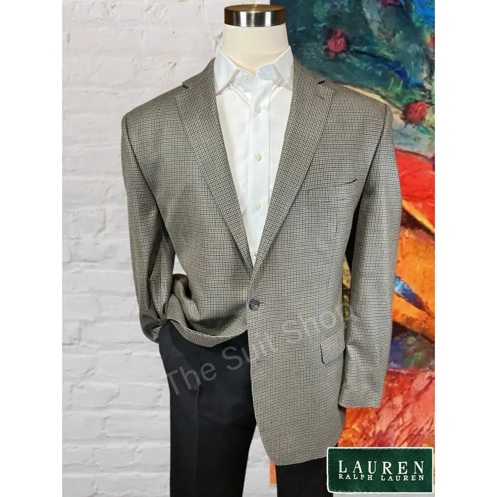 Ralph Lauren LRL 48L Tan Brown Houndstooth Silk Wool Blazer Sport Jacket